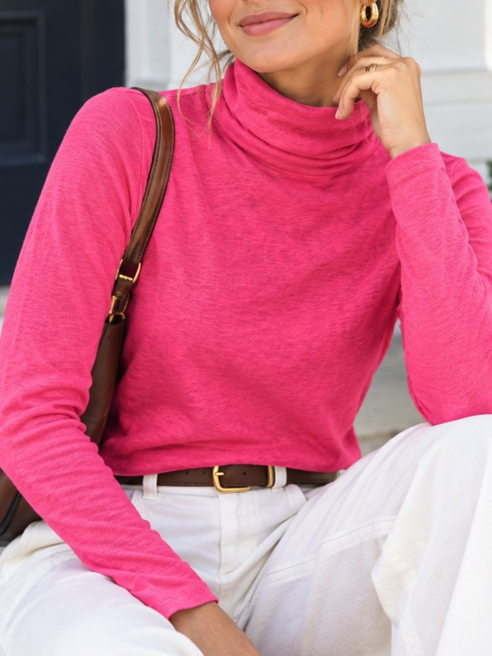 J.Crew Women's Bright Pink Fuchsia Tissue Turtleneck Cotton Long Sleeve Preppy